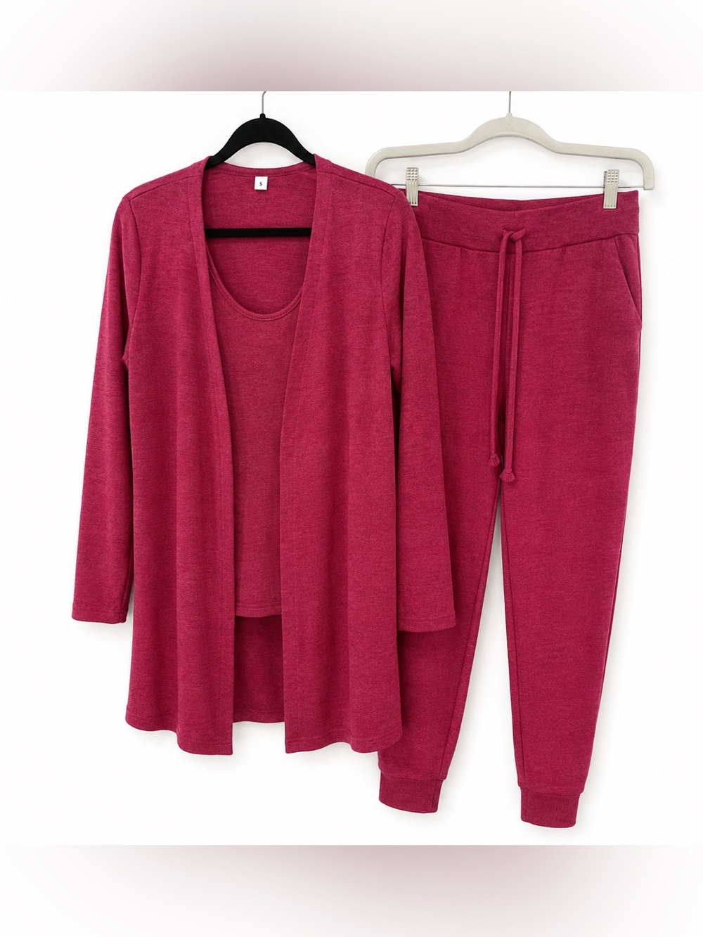 NWOT ChicMe Berry 3 Piece Knit Lounge Set Cardigan Tank Joggers S